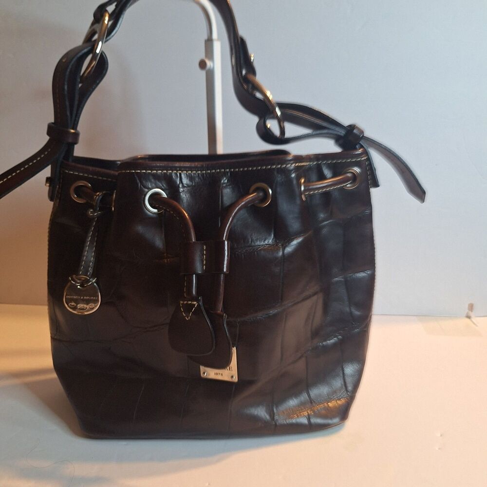 Dooney And Bourke Croc Embossed Brown Leather Drawstring Shoulder Handbag